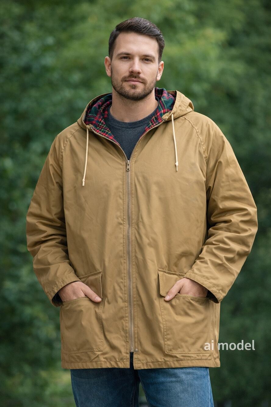 Misty Harbor Hooded Rain Jacket Plaid Lined Tan Khaki Zip Front XL Vintage